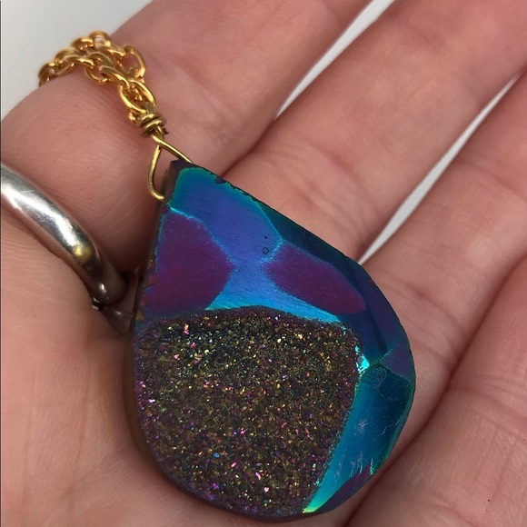 4 for $35 🍄 Large Oil Slick Druzy Pendant Necklace LONG! - Picture 3 of 4